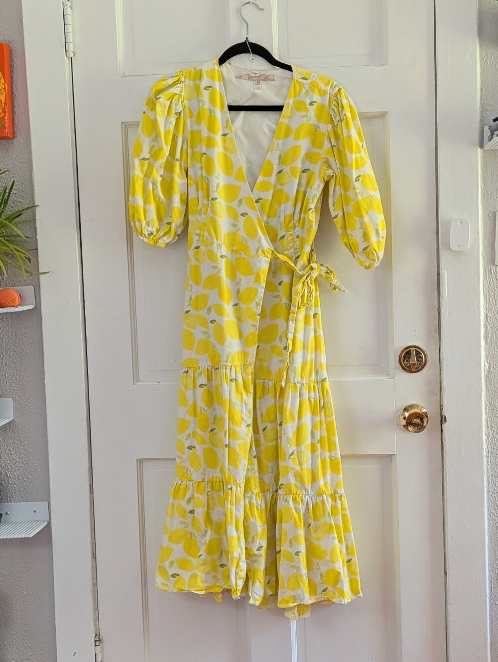 Anthropologie Hutch Tiered Wrap Midi Dress Lemon Print Puff Sleeve Dress - Picture 3 of 6